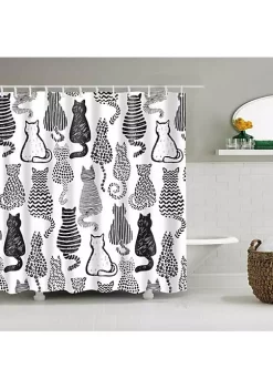 All Abundant Things Home Design Black and White Cat Print Shower Curtain with Hooks