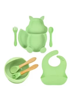 All Abundant Things Home Design Children's Tableware Suction Bowl Utensils Bib Catcher 7pcs Set- Green